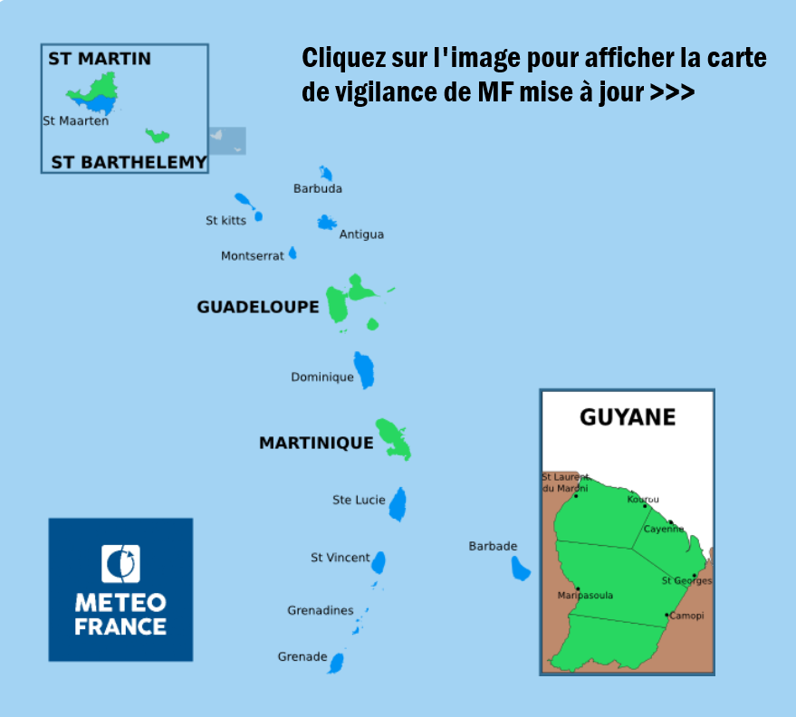 Carte des vigilances pour les Antilles et la Guyane